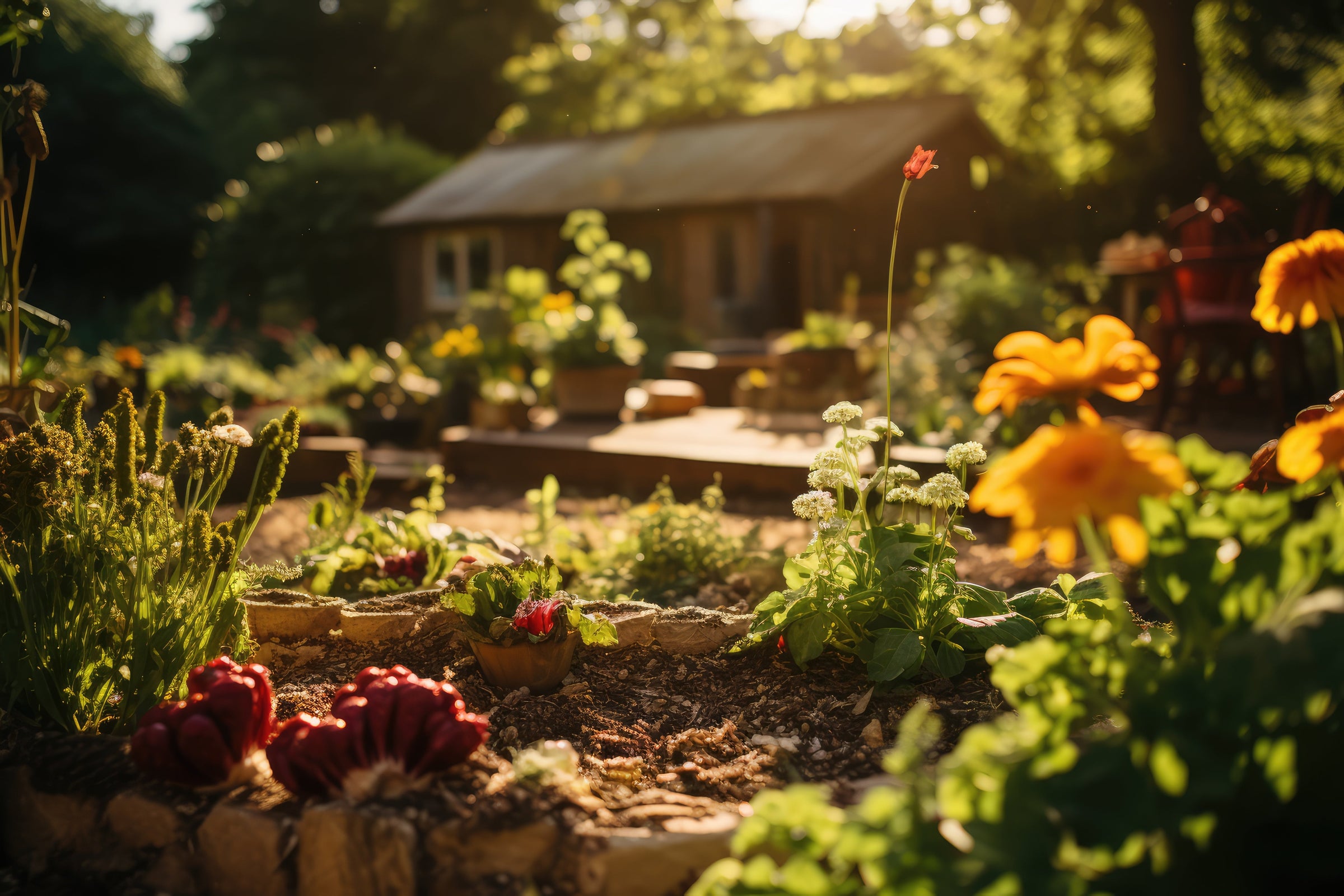 Homestead garden and farmland at sunrise