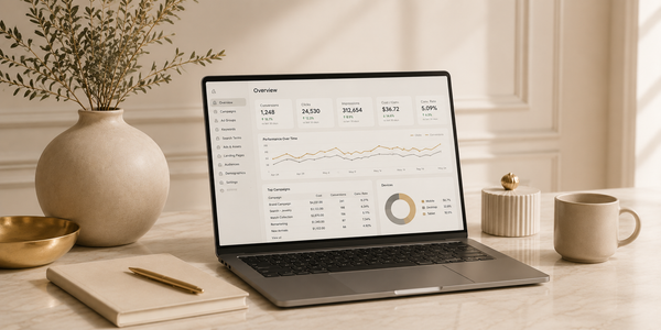 Google Ads analytics dashboard on a laptop in a styled workspace