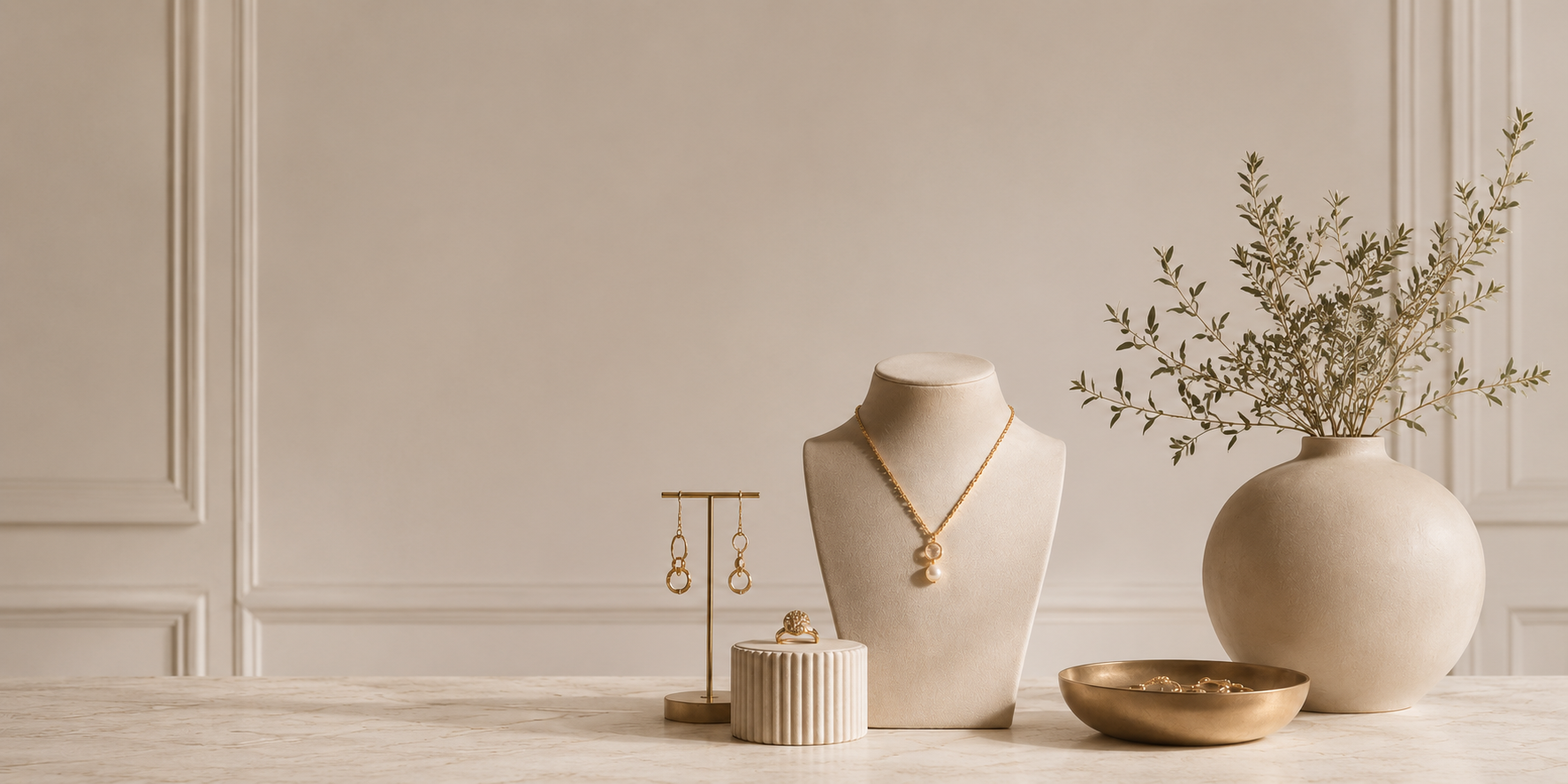 Luxury jewelry styled on a marble surface — 2025 marketing trends
