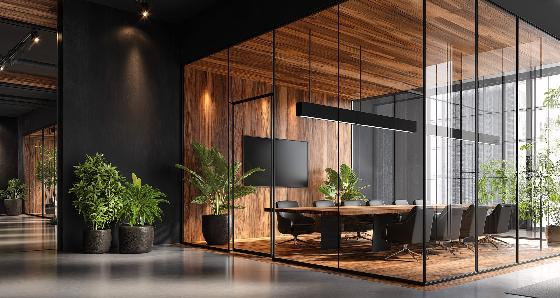 A refined glass-walled executive boardroom