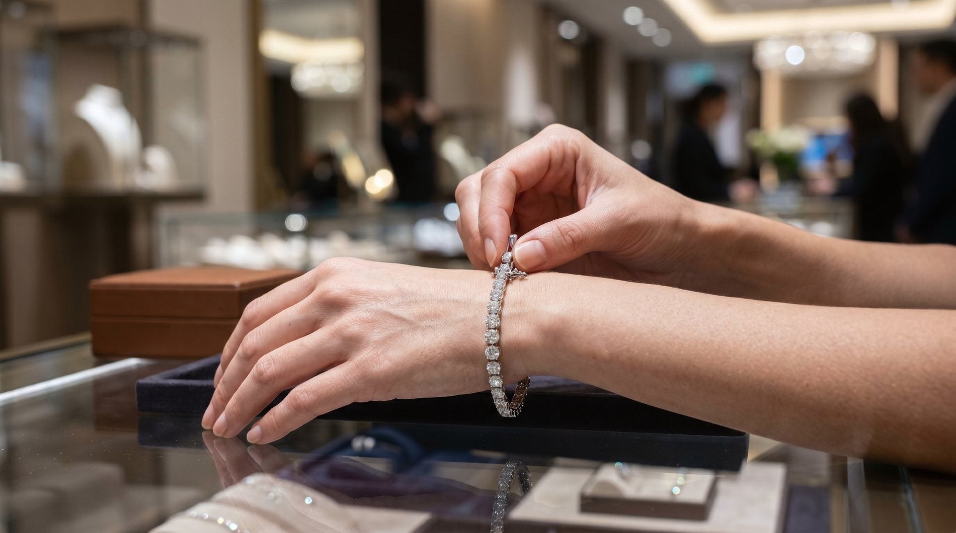 A client trying on a diamond bracelet at a private jewellery appointment