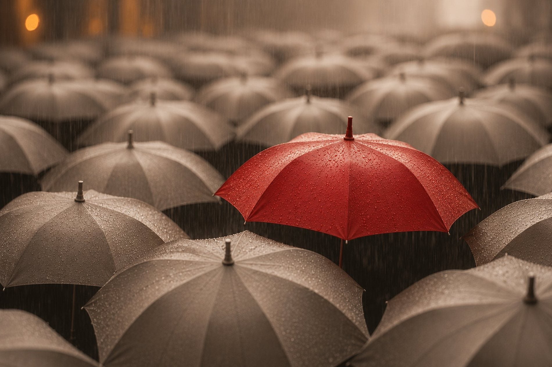 A single red umbrella standing apart in a field of grey umbrellas
