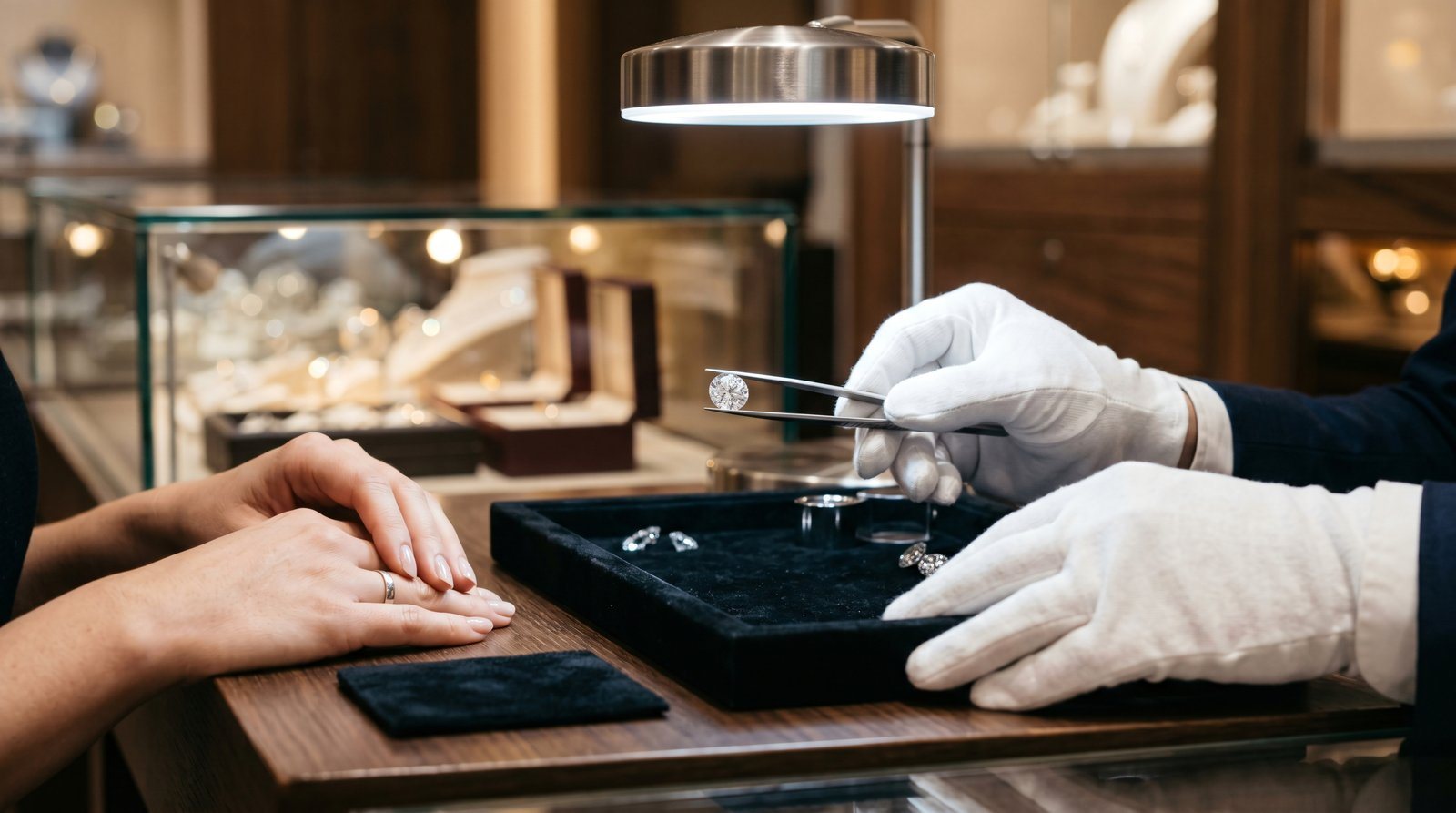 A gloved jeweller presenting a diamond to a client at the counter