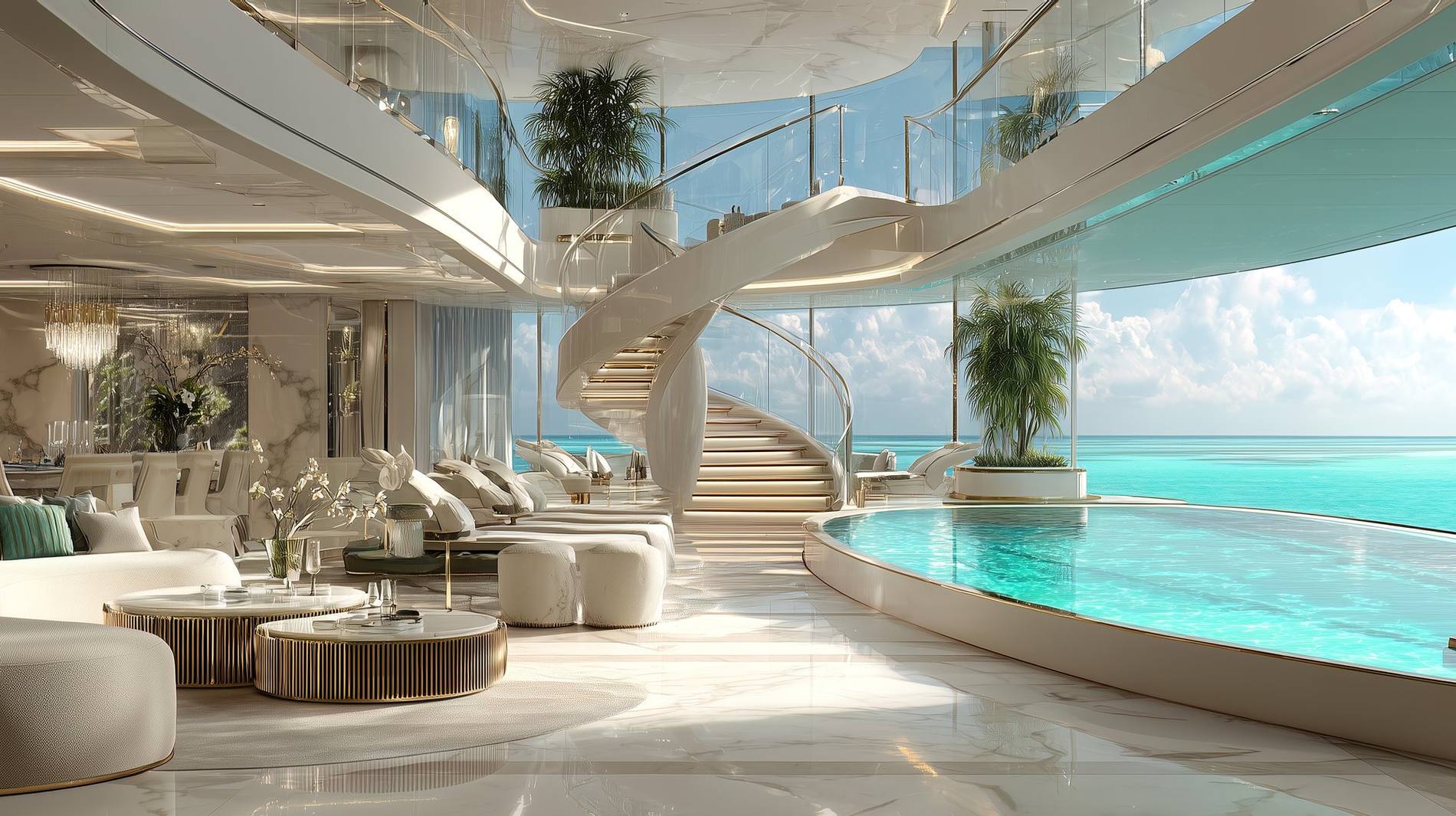 A luxurious superyacht interior with spiral stair and ocean view