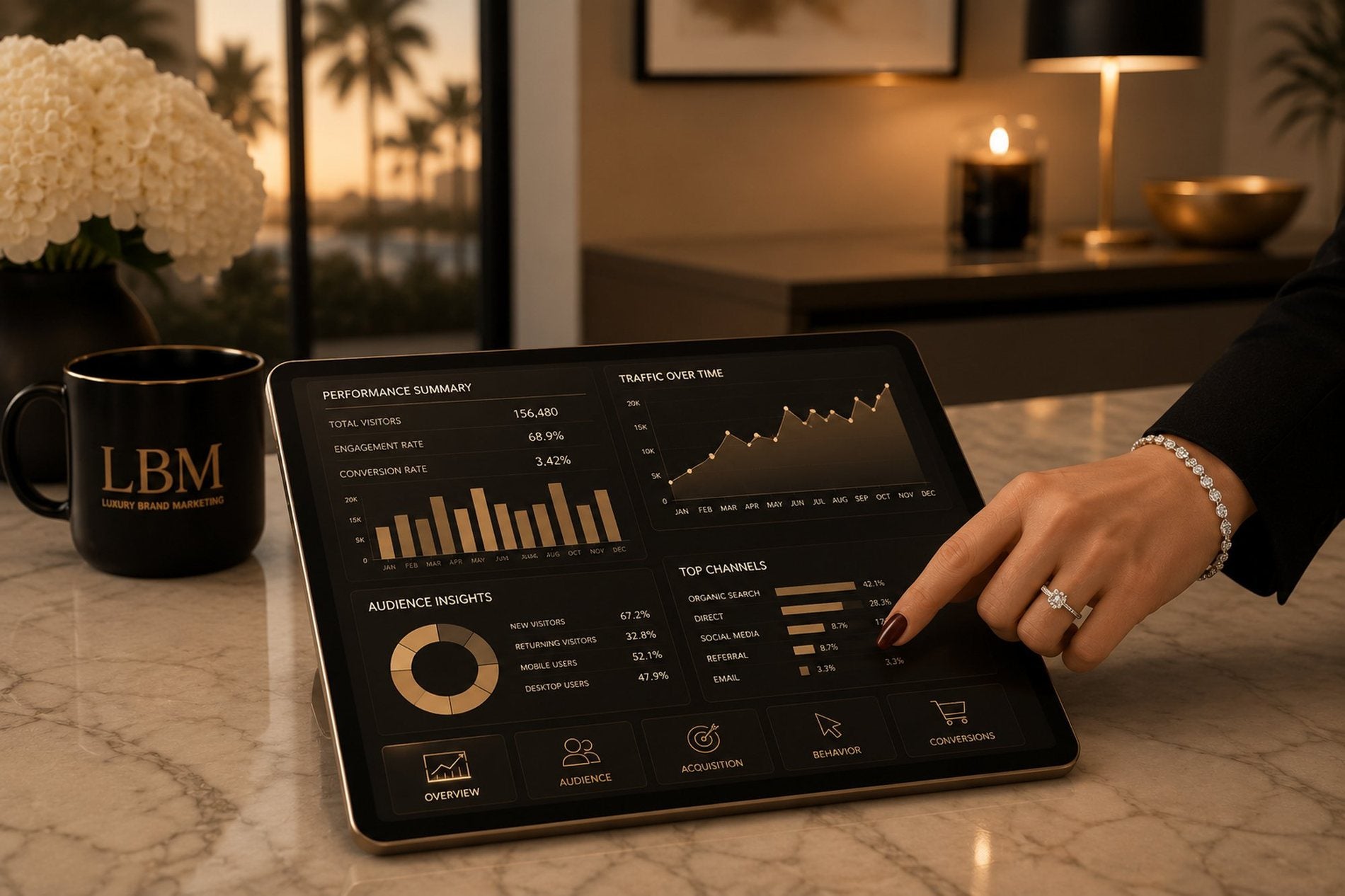 An elegant analytics dashboard on a tablet — strategy translated into digital performance