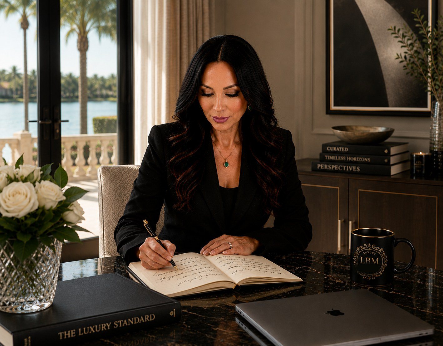 Suereea Mathews writing at her desk