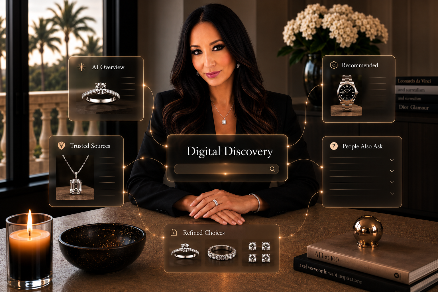 Suereea Mathews with a refined digital-discovery interface surfacing curated luxury results